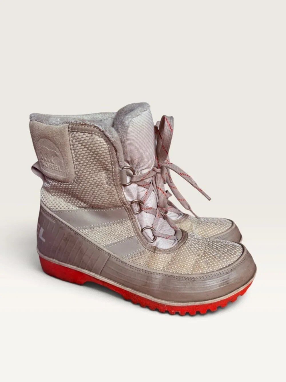 SOREL Beige Tan Waterproof Snow Boots Coral Red Sole Fleece Lined Size 10.5